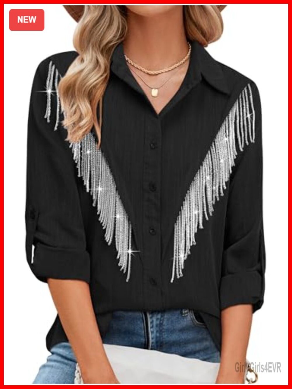 Sparkly Rhinestone Fringe Button Down Shirt Western Cowgirl Top
